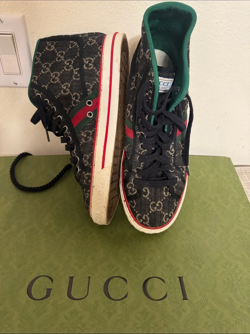 Gucci Black GG Canvas High-Top Sneakers with Green & Red Web